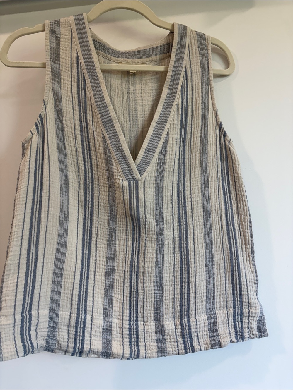 Faherty Dune Cotton Gauze Deep V Neck in Cream/Aqua Sea Stripe